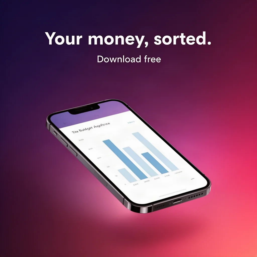 FLUX.2 [dev]: Square ad announcing a budgeting app: a modern smartphone tilted at an angle, its screen showing a simple bar chart, on a deep purple to pink gradient background with a soft glow. The headline above reads "Your money, sorted." and smaller text below reads "Download free".