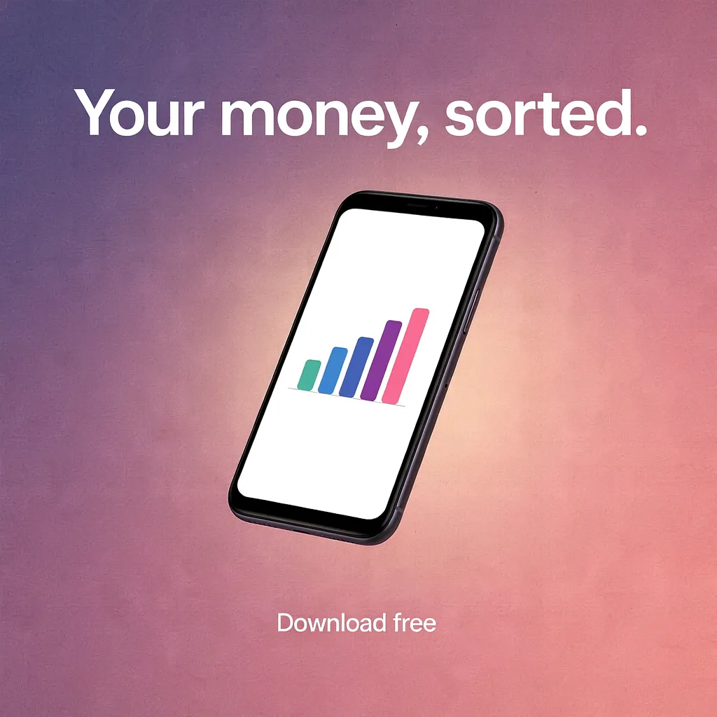 Ideogram V4.5: Square ad announcing a budgeting app: a modern smartphone tilted at an angle, its screen showing a simple bar chart, on a deep purple to pink gradient background with a soft glow. The headline above reads "Your money, sorted." and smaller text below reads "Download free".