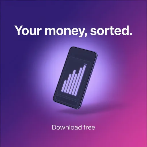 Luma Uni-1 Max: Square ad announcing a budgeting app: a modern smartphone tilted at an angle, its screen showing a simple bar chart, on a deep purple to pink gradient background with a soft glow. The headline above reads "Your money, sorted." and smaller text below reads "Download free".