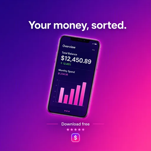 MAI-Image-2.5-Pro: Square ad announcing a budgeting app: a modern smartphone tilted at an angle, its screen showing a simple bar chart, on a deep purple to pink gradient background with a soft glow. The headline above reads "Your money, sorted." and smaller text below reads "Download free".