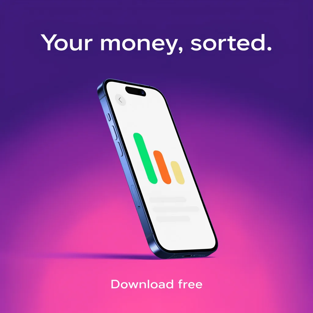 Recraft V4.1: Square ad announcing a budgeting app: a modern smartphone tilted at an angle, its screen showing a simple bar chart, on a deep purple to pink gradient background with a soft glow. The headline above reads "Your money, sorted." and smaller text below reads "Download free".
