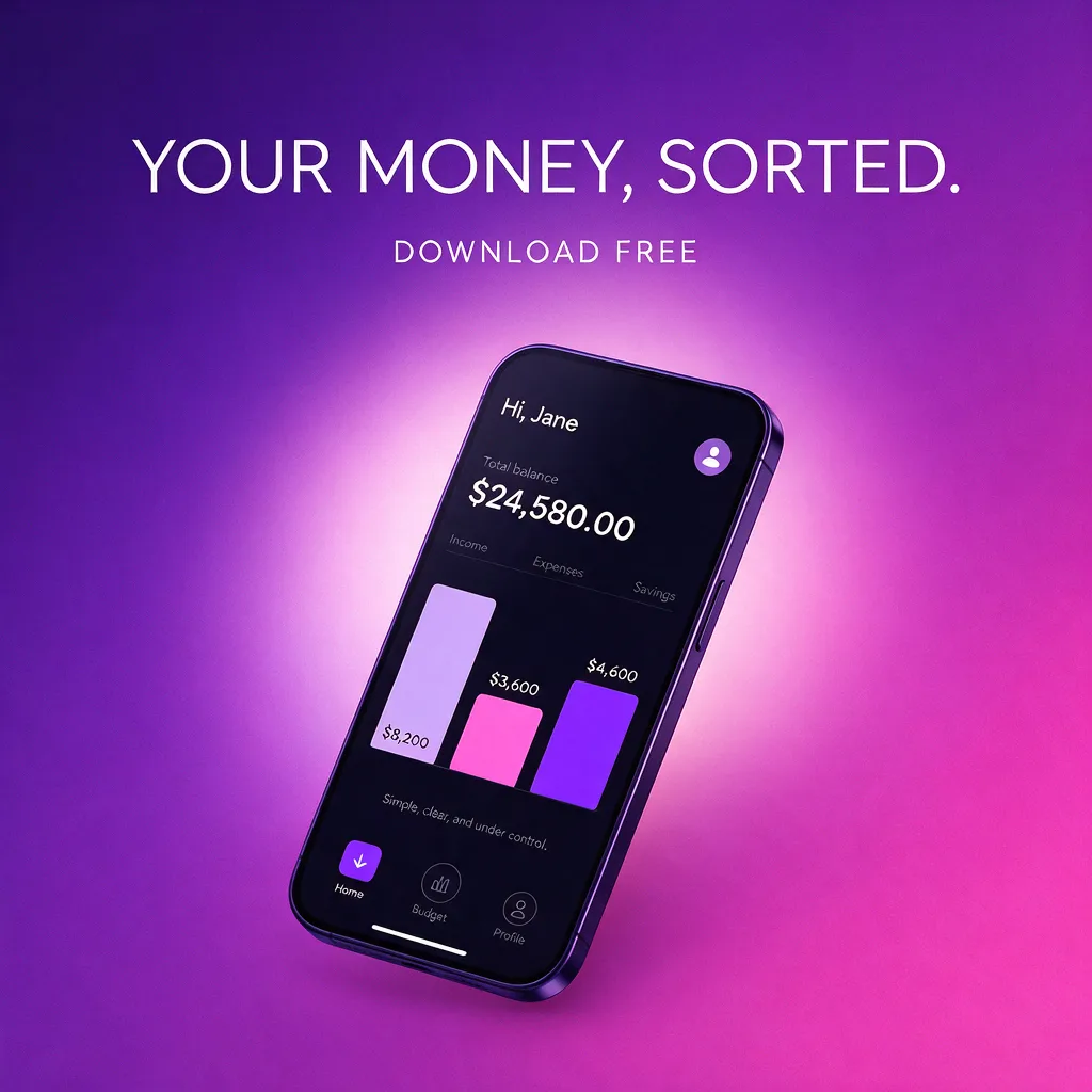 Seedream 5.0 Pro: Square ad announcing a budgeting app: a modern smartphone tilted at an angle, its screen showing a simple bar chart, on a deep purple to pink gradient background with a soft glow. The headline above reads "Your money, sorted." and smaller text below reads "Download free".