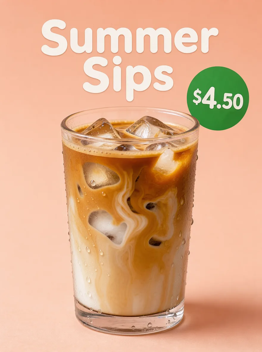 FLUX 3: Vertical social media ad for an iced latte: a tall glass with visible ice cubes and swirling milk on a pastel peach background, condensation droplets on the glass. The top text in a playful rounded font reads "Summer Sips", and a round green sticker in the corner reads "$4.50".