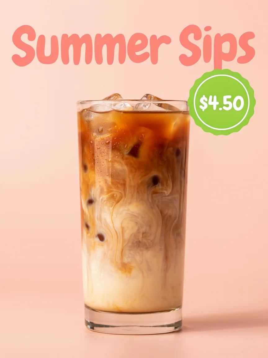 Ideogram V4.5: Vertical social media ad for an iced latte: a tall glass with visible ice cubes and swirling milk on a pastel peach background, condensation droplets on the glass. The top text in a playful rounded font reads "Summer Sips", and a round green sticker in the corner reads "$4.50".