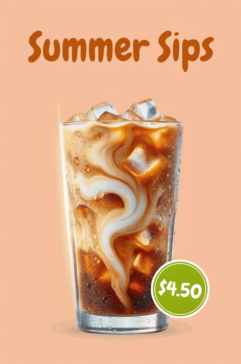 Luma Uni-1 Max: Vertical social media ad for an iced latte: a tall glass with visible ice cubes and swirling milk on a pastel peach background, condensation droplets on the glass. The top text in a playful rounded font reads "Summer Sips", and a round green sticker in the corner reads "$4.50".