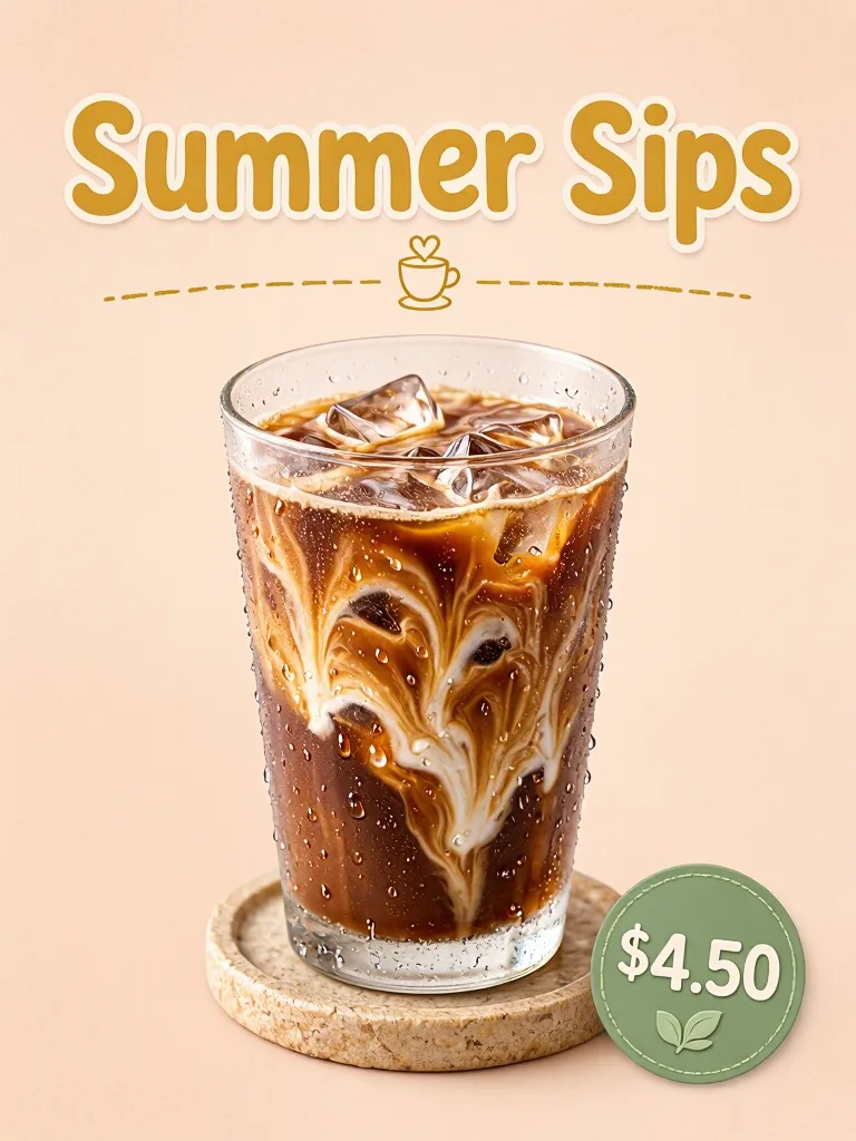 MAI-Image-2.5-Pro: Vertical social media ad for an iced latte: a tall glass with visible ice cubes and swirling milk on a pastel peach background, condensation droplets on the glass. The top text in a playful rounded font reads "Summer Sips", and a round green sticker in the corner reads "$4.50".