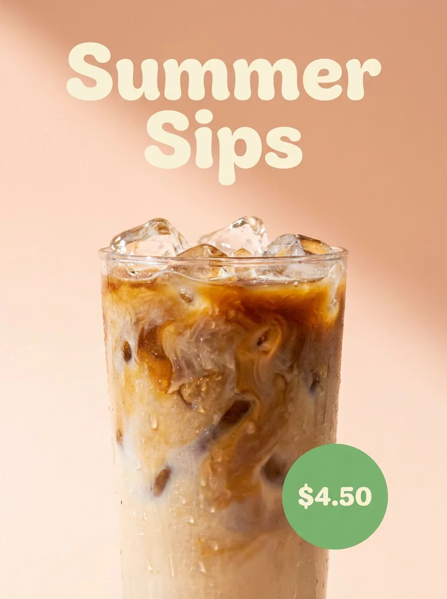 Nano Banana Pro: Vertical social media ad for an iced latte: a tall glass with visible ice cubes and swirling milk on a pastel peach background, condensation droplets on the glass. The top text in a playful rounded font reads "Summer Sips", and a round green sticker in the corner reads "$4.50".