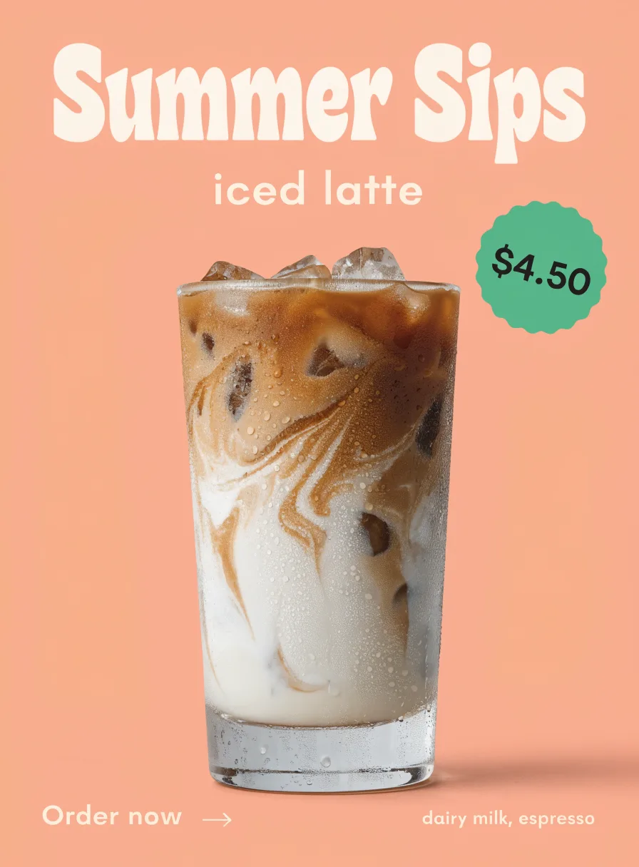 Recraft V4.1: Vertical social media ad for an iced latte: a tall glass with visible ice cubes and swirling milk on a pastel peach background, condensation droplets on the glass. The top text in a playful rounded font reads "Summer Sips", and a round green sticker in the corner reads "$4.50".