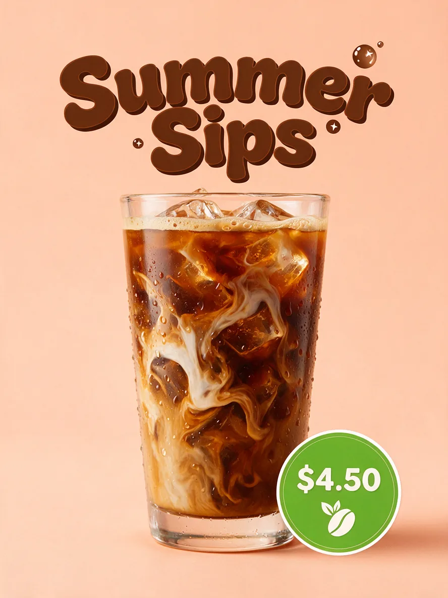 Seedream 5.0 Pro: Vertical social media ad for an iced latte: a tall glass with visible ice cubes and swirling milk on a pastel peach background, condensation droplets on the glass. The top text in a playful rounded font reads "Summer Sips", and a round green sticker in the corner reads "$4.50".