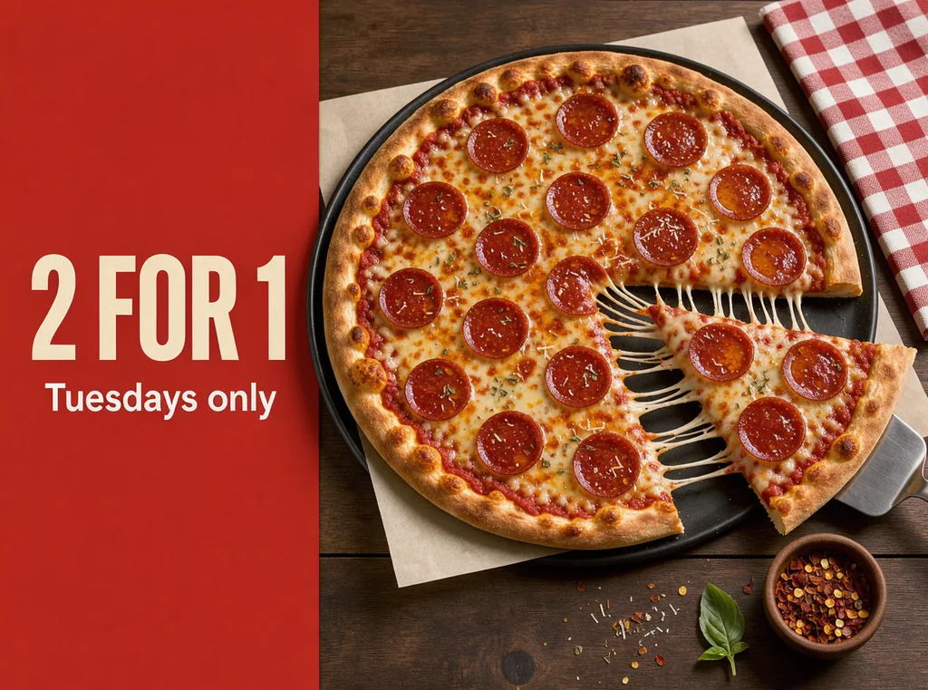 FLUX 3: Landscape Facebook ad for pizza delivery: a top-down shot of a pepperoni pizza on a dark wooden table, with one slice being pulled away and stretching melted cheese. A red banner on the left side reads "2 FOR 1" and below it, in white, "Tuesdays only".