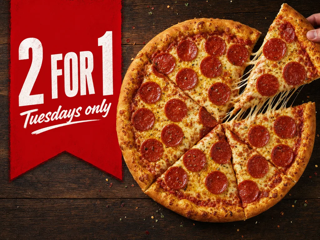 GPT Image 2: Landscape Facebook ad for pizza delivery: a top-down shot of a pepperoni pizza on a dark wooden table, with one slice being pulled away and stretching melted cheese. A red banner on the left side reads "2 FOR 1" and below it, in white, "Tuesdays only".
