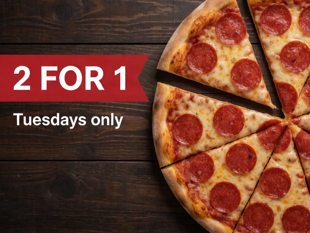 Krea 2 Turbo: Landscape Facebook ad for pizza delivery: a top-down shot of a pepperoni pizza on a dark wooden table, with one slice being pulled away and stretching melted cheese. A red banner on the left side reads "2 FOR 1" and below it, in white, "Tuesdays only".