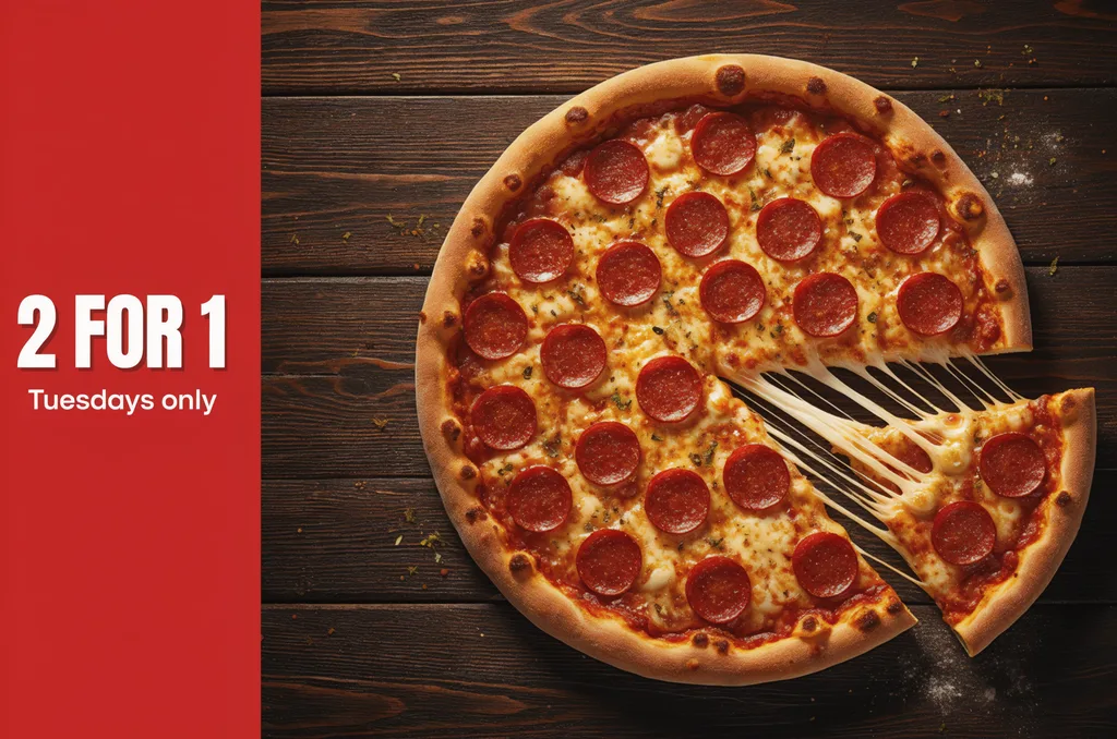 Luma Uni-1 Max: Landscape Facebook ad for pizza delivery: a top-down shot of a pepperoni pizza on a dark wooden table, with one slice being pulled away and stretching melted cheese. A red banner on the left side reads "2 FOR 1" and below it, in white, "Tuesdays only".
