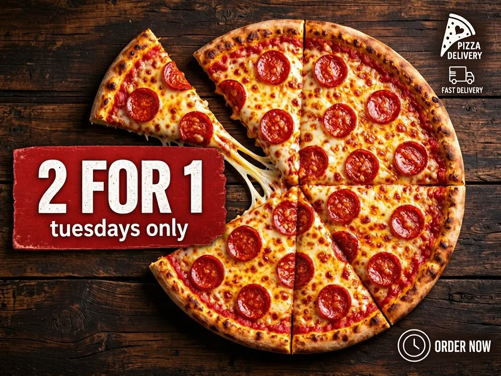 MAI-Image-2.5-Pro: Landscape Facebook ad for pizza delivery: a top-down shot of a pepperoni pizza on a dark wooden table, with one slice being pulled away and stretching melted cheese. A red banner on the left side reads "2 FOR 1" and below it, in white, "Tuesdays only".