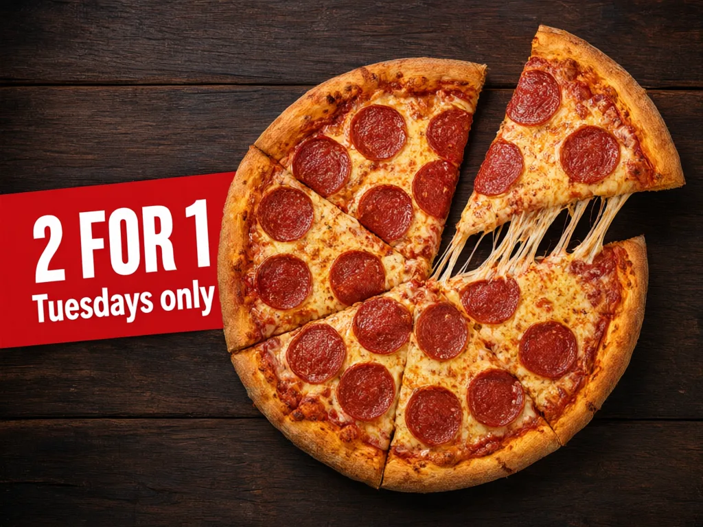 Qwen Image 3: Landscape Facebook ad for pizza delivery: a top-down shot of a pepperoni pizza on a dark wooden table, with one slice being pulled away and stretching melted cheese. A red banner on the left side reads "2 FOR 1" and below it, in white, "Tuesdays only".