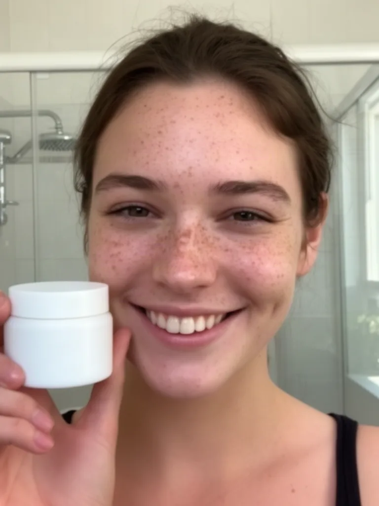 FLUX.2 [dev]: Authentic user-generated style photo for a skincare ad: a smiling young woman with freckles holds a small plain white moisturizer jar next to her cheek in a bright bathroom, natural daylight, a slight phone-camera look, no heavy makeup.