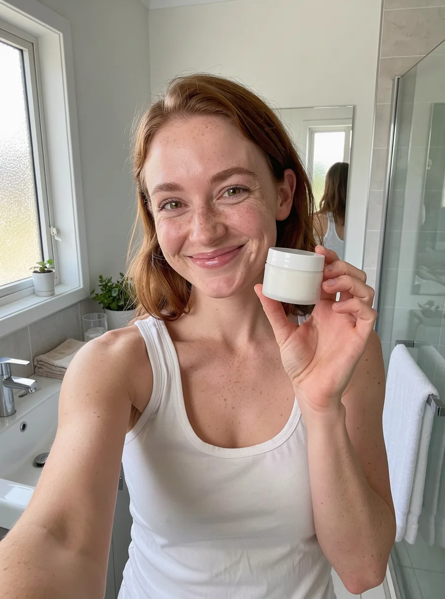 FLUX 3: Authentic user-generated style photo for a skincare ad: a smiling young woman with freckles holds a small plain white moisturizer jar next to her cheek in a bright bathroom, natural daylight, a slight phone-camera look, no heavy makeup.