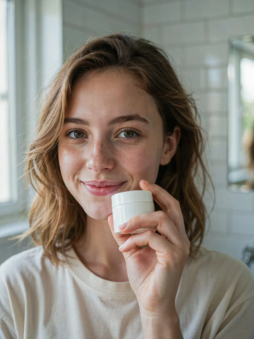 Ideogram V4.5: Authentic user-generated style photo for a skincare ad: a smiling young woman with freckles holds a small plain white moisturizer jar next to her cheek in a bright bathroom, natural daylight, a slight phone-camera look, no heavy makeup.