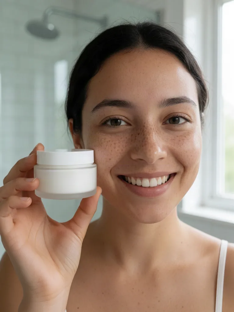 Krea 2 Turbo: Authentic user-generated style photo for a skincare ad: a smiling young woman with freckles holds a small plain white moisturizer jar next to her cheek in a bright bathroom, natural daylight, a slight phone-camera look, no heavy makeup.