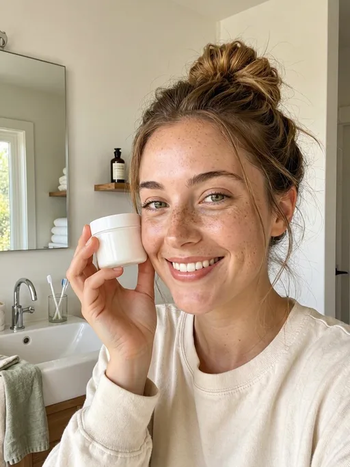 MAI-Image-2.5-Pro: Authentic user-generated style photo for a skincare ad: a smiling young woman with freckles holds a small plain white moisturizer jar next to her cheek in a bright bathroom, natural daylight, a slight phone-camera look, no heavy makeup.