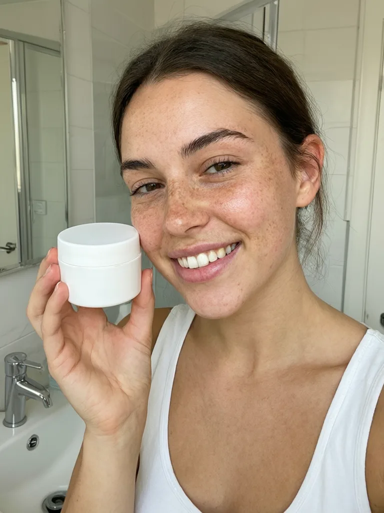 Qwen Image 3: Authentic user-generated style photo for a skincare ad: a smiling young woman with freckles holds a small plain white moisturizer jar next to her cheek in a bright bathroom, natural daylight, a slight phone-camera look, no heavy makeup.