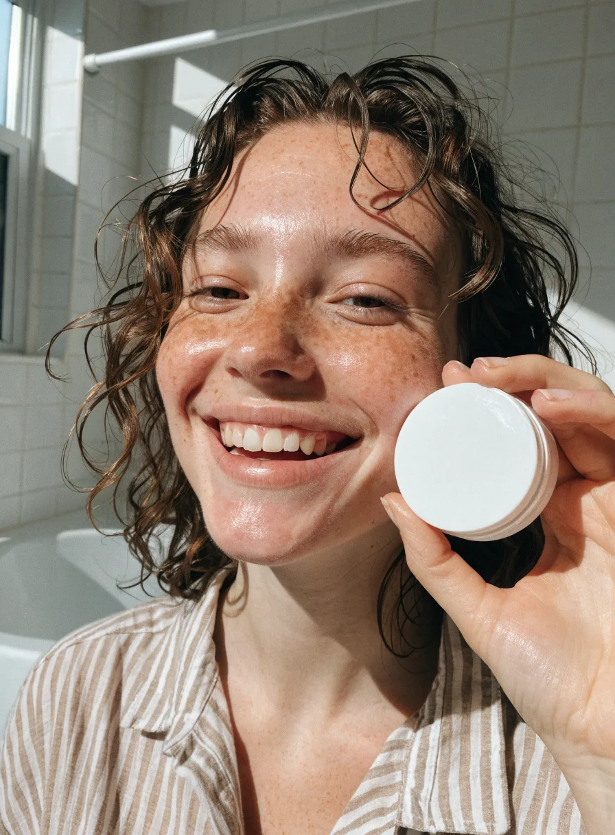 Recraft V4.1: Authentic user-generated style photo for a skincare ad: a smiling young woman with freckles holds a small plain white moisturizer jar next to her cheek in a bright bathroom, natural daylight, a slight phone-camera look, no heavy makeup.