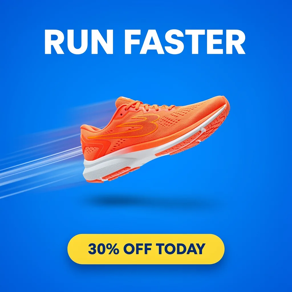 FLUX.2 [pro]: Square Instagram ad for a running shoe sale: a single bright orange running shoe floating mid-air against a solid cobalt blue background, with subtle motion lines behind it. A large bold white sans-serif headline at the top reads "RUN FASTER", and a yellow rounded button at the bottom reads "30% OFF TODAY".