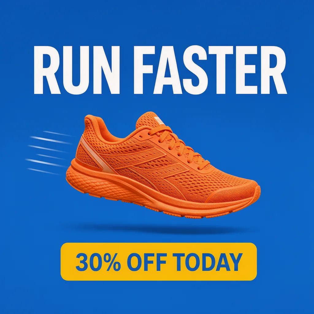 FLUX 3: Square Instagram ad for a running shoe sale: a single bright orange running shoe floating mid-air against a solid cobalt blue background, with subtle motion lines behind it. A large bold white sans-serif headline at the top reads "RUN FASTER", and a yellow rounded button at the bottom reads "30% OFF TODAY".