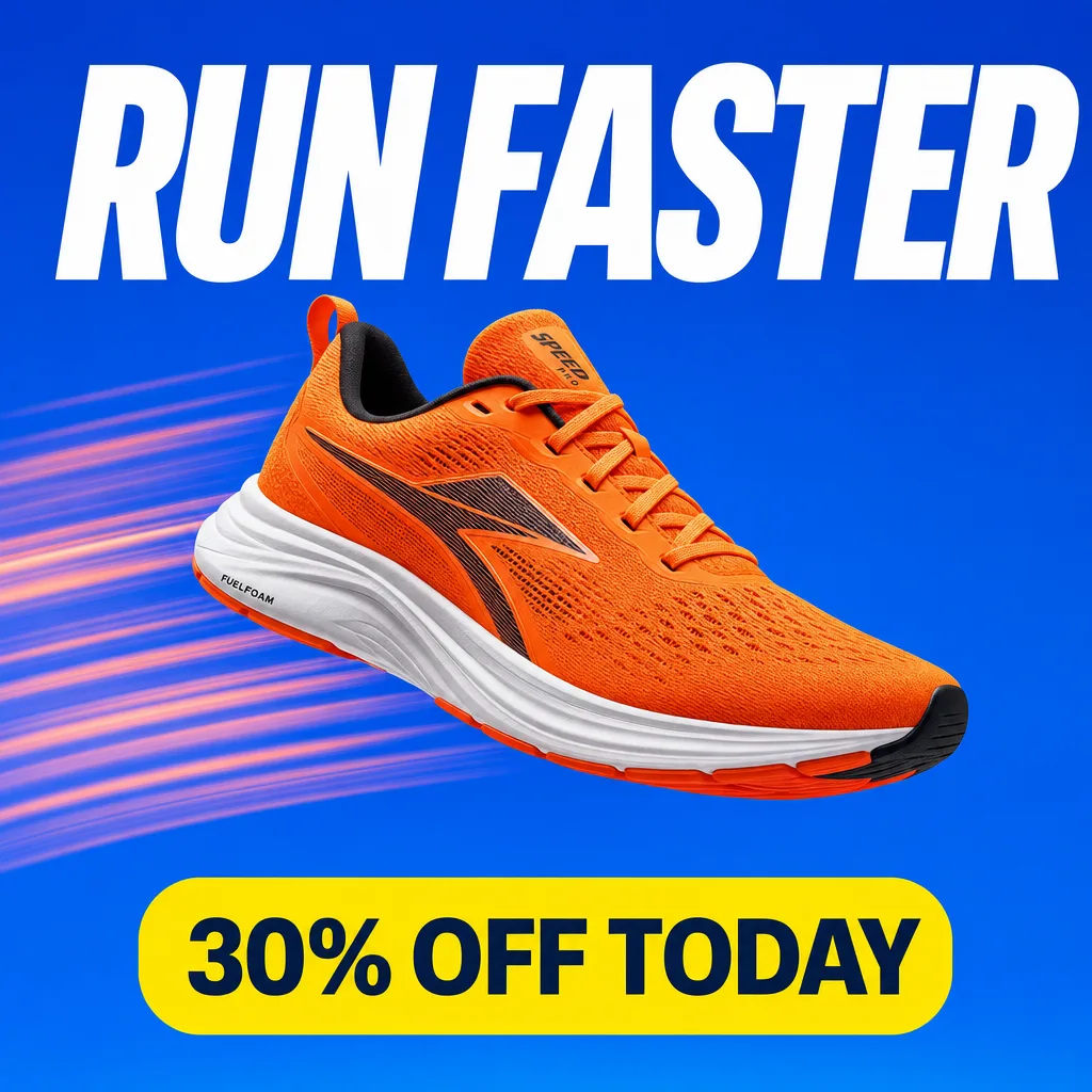 GPT Image 2: Square Instagram ad for a running shoe sale: a single bright orange running shoe floating mid-air against a solid cobalt blue background, with subtle motion lines behind it. A large bold white sans-serif headline at the top reads "RUN FASTER", and a yellow rounded button at the bottom reads "30% OFF TODAY".