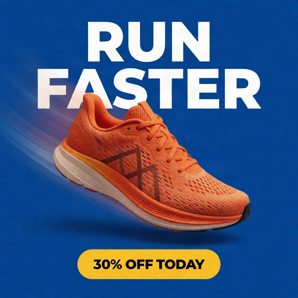 Krea 2 Turbo: Square Instagram ad for a running shoe sale: a single bright orange running shoe floating mid-air against a solid cobalt blue background, with subtle motion lines behind it. A large bold white sans-serif headline at the top reads "RUN FASTER", and a yellow rounded button at the bottom reads "30% OFF TODAY".