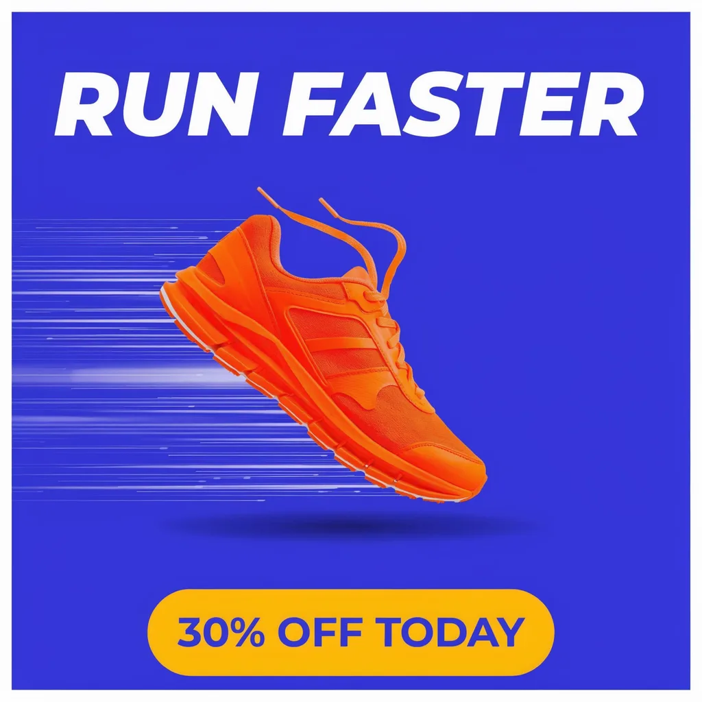 Luma Uni-1 Max: Square Instagram ad for a running shoe sale: a single bright orange running shoe floating mid-air against a solid cobalt blue background, with subtle motion lines behind it. A large bold white sans-serif headline at the top reads "RUN FASTER", and a yellow rounded button at the bottom reads "30% OFF TODAY".