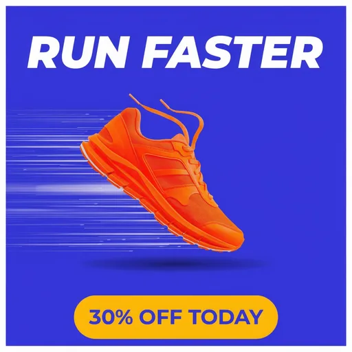 Luma Uni-1 Max: Square Instagram ad for a running shoe sale: a single bright orange running shoe floating mid-air against a solid cobalt blue background, with subtle motion lines behind it. A large bold white sans-serif headline at the top reads "RUN FASTER", and a yellow rounded button at the bottom reads "30% OFF TODAY".