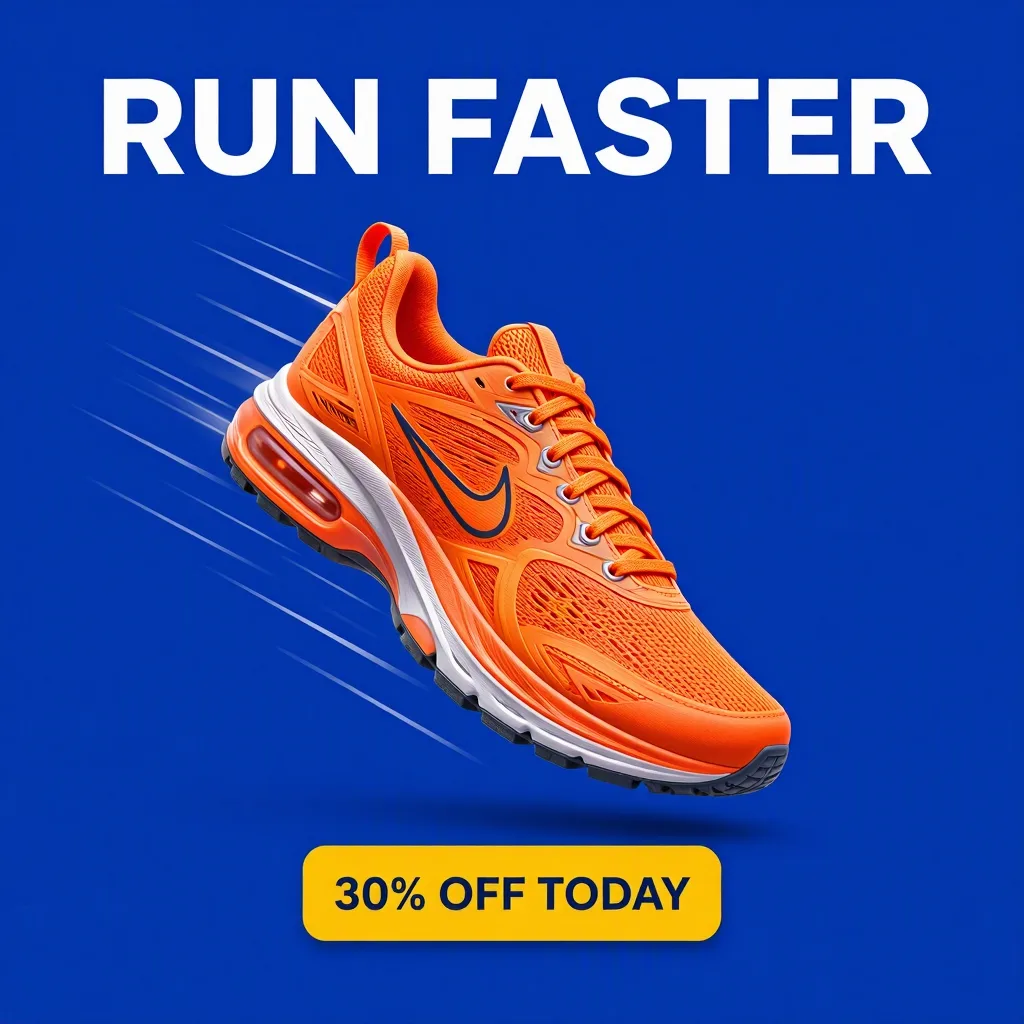 MAI-Image-2.5-Pro: Square Instagram ad for a running shoe sale: a single bright orange running shoe floating mid-air against a solid cobalt blue background, with subtle motion lines behind it. A large bold white sans-serif headline at the top reads "RUN FASTER", and a yellow rounded button at the bottom reads "30% OFF TODAY".