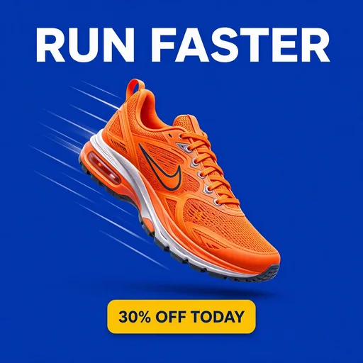 MAI-Image-2.5-Pro: Square Instagram ad for a running shoe sale: a single bright orange running shoe floating mid-air against a solid cobalt blue background, with subtle motion lines behind it. A large bold white sans-serif headline at the top reads "RUN FASTER", and a yellow rounded button at the bottom reads "30% OFF TODAY".