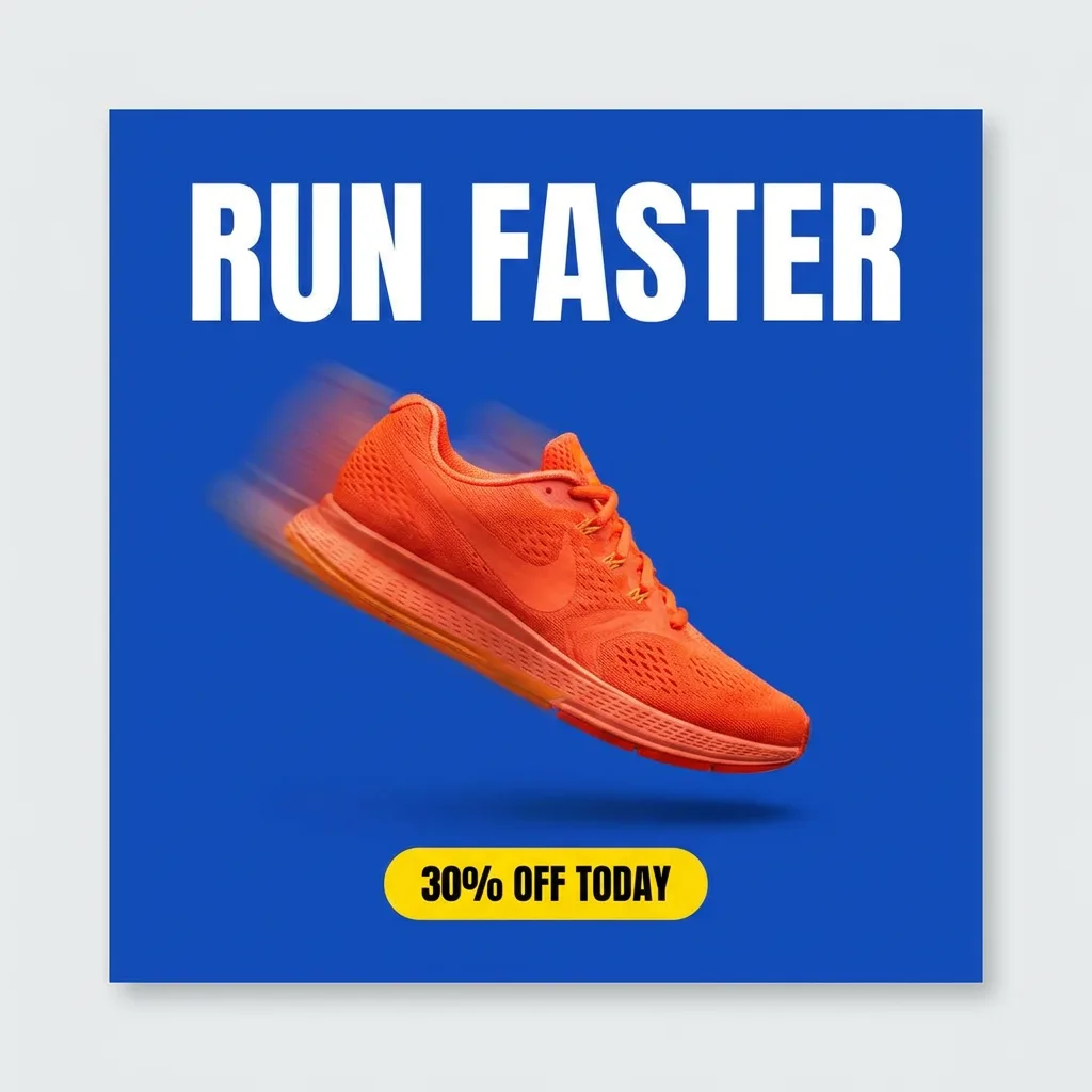 Nano Banana Pro: Square Instagram ad for a running shoe sale: a single bright orange running shoe floating mid-air against a solid cobalt blue background, with subtle motion lines behind it. A large bold white sans-serif headline at the top reads "RUN FASTER", and a yellow rounded button at the bottom reads "30% OFF TODAY".