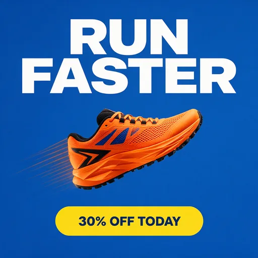 Seedream 5.0 Pro: Square Instagram ad for a running shoe sale: a single bright orange running shoe floating mid-air against a solid cobalt blue background, with subtle motion lines behind it. A large bold white sans-serif headline at the top reads "RUN FASTER", and a yellow rounded button at the bottom reads "30% OFF TODAY".